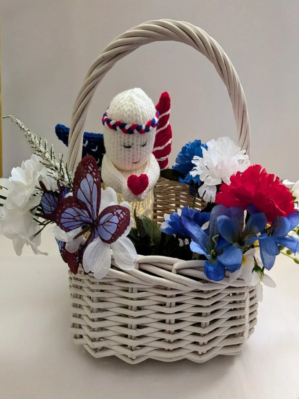 Handmade Patriotic Crochet Angel Basket Lighted Mason Jar Memorial Home Nursery